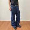 Venta al por mayor de fábrica Pantalones de trabajo de tono azul lavado azul francés Tendencia americana Versátiles Arrugados Rectos Pierna ancha Hombre