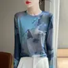 Camiseta de Cuello Redondo de Manga Larga Transfronteriza Moda y Versátil Ropa de Punto Fina Estilo Chino Pintura a Tinta para Mujer Primavera y Otoño 2025