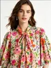 Camisa Romántica Francesa con Estampado Floral en Acuarela para Mujer, Lazo para Atar, Mangas Abullonadas, Blusa Holgada de Gasa, Venta al por Mayor
