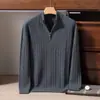 Suéter 100% caxemira pura para homens, gola alta discreta, espessado e quente, pulôver com meio zíper, peça de base de malha para usar como outer