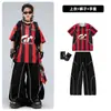 Roupas Infantis Modernas para Street Dance Conjunto de Roupa de Performance Hip-Hop Listrada Preta e Vermelha para Meninos Roupas de Performance Descoladas para Meninas Hip-Hop