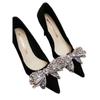 Tacones Altos Franceses para Mujer 2025 Primavera Nuevo Estilo Lazo de Pedrería Cristal Negro Elegante Zapatos de Tacón de Aguja para Mujer
