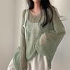 Chic coreano Verano Estilo francés Retro Estilo holgazán Suelto Manga larga Calado Fino Tejido Protector solar Blusa Top para Mujer