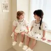 Verão Novo Macacão Doce com Laço Manga Bufante Roupa de Irmã para Bebê Menina Vestido Estiloso
