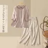 342 Conjunto#Cânhamo Algodão Linho Conjunto Completo Mulher Verão Camisa de Linho Calça de Perna Larga Casual Roupa de Mãe Conjunto de Duas Peças