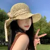 Sombrero de Paja con Lazo de Cinta de Puntos para Mujer, Protección Solar para Vacaciones de Verano en la Playa, Sombrero de Sol de Paja de Ala Ancha, Plegable