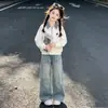 Conjunto de Dos Piezas para Niñas: Top de Manga Larga a Cuadros Patchwork Estilo Universitario Dulce y Pantalones de Mezclilla con Estrellas, Colección Primavera y Otoño 2026