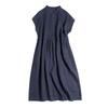 Exclusivo de Tienda Ropa de Vestir Camisa Vestido sin Mangas de Algodón y Lino Artística con Cuello Pequeño Hombro Caído Vestido de Manga Corta Vestido Largo en Azul Marino