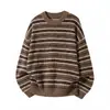 Suéter listrado em blocos de cor estilo retro japonês Hanlu, gola redonda para homens, estilo outono e inverno, texturizado, malha solta e casual