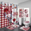Cortina de Ducha Decorativa de Muñeco de Nieve a Cuadros Rojos Navideños, Poliéster Impermeable y Resistente al Moho, Juego de Cuatro Piezas para Bañera de Baño