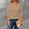 Fornecimento Exclusivo Transfronteiriço para Comércio Exterior Roupas Femininas Plus Size, Estação Primavera Cor Sólida Decote V Moda Simples Versátil Waffle Manga Longa Camiseta Top
