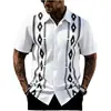 Camisa Masculina de Manga Curta Retro Europeia e Americana Moda Cruzada Camisa Jacquard Camisa de Manga Curta de Verão Casual Europeia e Americana Vazada
