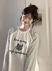 Camiseta de Manga Larga con Estampado de Dibujos Animados Divertidos y Empalme de Color Contrastante Moda Femenina Versátil Casual Holgado Estilo Ins Top Suelto Moderno