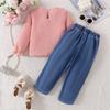 Especial Transfronterizo de Amazon para Otoño e Invierno Nuevo y Caliente Traje de Pantalón para Niñas Top de Manga Larga con Lazo Pantalones de Mezclilla