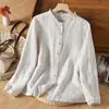 Camisa Longa Artística de Algodão e Linho Vintage para Mulheres, Novo Estilo Primavera e Outono, Cardigã com Gola de Renda, Caimento Solto, Blusa de Algodão Puro que Valoriza a Figura