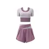 Conjunto de Dos Piezas de Yoga Shorts Cortos Bloque de Color Manga Corta Ajustado Shorts Deportivos Elásticos Transpirables Para Correr por la Mañana Pilates Fitness