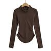 7555-24 Otoño Nueva Camiseta de Manga Larga con Cintura Plisada, Cálida, con Forro Polar, Estilo Europeo y Americano, para Otoño/Invierno