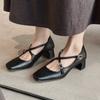 Sapatos Mary Jane de Couro Bovino de Primeira Camada com Tira Cruzada 2026 Outono Bico Quadrado Salto Médio Grosso Sapatos Femininos de Couro Genuíno