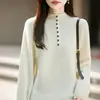 Suéter de cuello alto medio 100% lana pura para mujer, engrosado para abrigar en otoño e invierno, jersey con botones, prenda interior