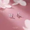 Pendientes de Mariposa Rosa Fresco de Plata de Ley S925 Serie Bow para Mujer, Modernos y Dulces Tachuelas de Circonita