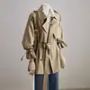 Trench coat cáqui de cintura marcada e comprimento curto para mulheres petite, novidade primavera/outono 2026, casaco de alta qualidade estilo britânico