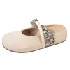 Sandalias de mujer tipo slip-on sin espalda con tiras de patchwork floral, primavera-verano 2026, tejido trenzado grueso, punta redonda, suela plana, slip-ons casuales para uso artístico y para ir al trabajo