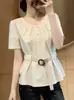 Moda de Comercio Exterior Sentido del Diseño Plisado Cintura Ceñida Manga Corta Camisa Mujer Verano Temperamento Reductor de Edad Cintura Ceñida Adelgazante Top Blanco
