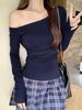 Camiseta de manga larga con hombros descubiertos para mujer, estilo chic de otoño 2024, con cintura plisada, corte entallado y hombros descubiertos, de algodón puro.