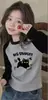 Camiseta de Manga Larga de Algodón Puro con Bloques de Color de Dibujos Animados para Niñas, Camiseta Básica Versátil Informal de Patchwork para Niños de Primavera y Otoño, Moderna