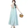 Vestido Largo Hada Costera Temporada de Viento Vestido de Tirantes Verano para Mujer Cuello Halter Temperamento Vestido de Playa Estilo Suave Vacaciones Rosa