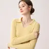 26 Outono/Inverno Nova Temporada Gola Polo 100% Caxemira Pura Malha Feminina Manga Longa Slim Fit Simples Camada Base