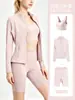 Conjunto de Tres Piezas Transfronterizo: Conjunto de Chaqueta Larga Ajustada con Cuello Alto + Shorts de Cintura Alta Levanta Glúteos + Top de Tirantes tipo Sujetador en Forma de U