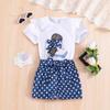 Shein Verano Europeo y Americano Transfronterizo Conjunto de Dos Piezas para Niñas con Avatar de Dibujos Animados, Top de Manga Corta con Mangas Volantes + Pantalones Cortos de Cuadros y Lunares