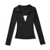 Camiseta Elegante Slim Fit Falsa de Duas Peças com Manga Longa para Mulheres, Patchwork Color Block e Gola Reversível, Nova Camisa Básica Emagrecedora de Outono