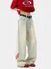 Jeans de Pierna Ancha con Parches Rayados Estilo Americano para Hombres y Mujeres, Pantalones Rectos de Pierna Ancha Sueltos Lavados Nuevos de Moda