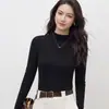 Camiseta Lyocell Tencel para mulheres, outono de 2026, feminina, básica, manga longa, gola alta discreta, modelagem justa, top de lã merino
