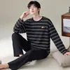 Novo Pijama Masculino Primavera e Outono Algodão Puro Manga Longa Estilo Coreano Esportivo Pode Ser Usado Fora Todo Algodão Tamanho Grande Conjunto de Roupa para Casa