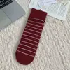 Meias Femininas de Meia-Panturrilha Cor Vermelho Angorá, Estilo Ins Moderno, Algodão Puro, Primavera, Outono, Inverno, Meias Longas Listradas Retrô Japonesas