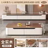 Mesa de centro rectangular moderna minimalista de losa de roca brillante en blanco crema con esquinas redondeadas y gran capacidad de almacenamiento de cuatro cajones para la sala de estar