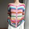 Cárdigan de Cachemira y Seda de Morera Reductor de Edad Rayas Arcoíris Nuevas Otoño e Invierno Suéter Chaqueta de Cuello Redondo Suave Cómodo para Mujer