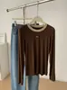 Camiseta base de manga larga para mujer, estilo coreano, exquisito diseño de retazos con bloques de color, corte ajustado, de Lyocell Tencel, para principios de otoño