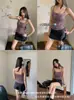 Camisole Listrada Costas Nuas com Renda de Botão Estilo Menina Doce e Picante com Bojos Fixos, Corte Justo, Top Versátil