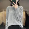 Cardigã de lã feminino de alta qualidade com estampa floral, gola redonda, corte solto, abotoado, tricô casual, peça externa branca
