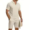 Conjunto de Shorts Polo de Manga Curta Simples Estilo Americano Gola Seagull Waffle Solto de Verão Masculino Amazon Transfronteiriço