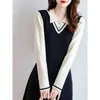 Vestido de Tricô Color Block Estilo Novo de Início de Primavera Coreano, Elegante e Emagrecedor, Usado com um Casaco como Suéter Base