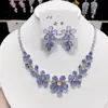 "Sombra de Flor de Ametista" Conjunto de colar e brincos florais em zircônia roxa brilhante estilo francês para mulheres, adequado para o verão como corrente para clavícula e brincos