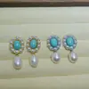 Pendientes de Imitación de Turquesa y Perla de Agua Dulce Natural Estilo Europeo y Americano Transfronterizos con Incrustaciones de Circonita y Diamante, Pendientes de Lujo de Gama Alta al por Mayor