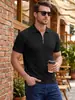 Camiseta informal americana casual de verano para hombre, jacquard texturizado, media cremallera, cuello camisero, manga corta, transpirable, holgada