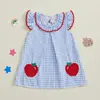 Vestido de Verão para Meninas, Doce, Moderno e Super Fofo, Xadrez com Bordado de Frutas Cartoon, Renda, Manga Flare, Peça Única