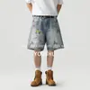 Shorts Jeans Americanos Casuais de Verão Rasgados Bordados Rebeldes Retrô para Homens Reta Solta High Street Calças de Cinco Pontos Tendência
